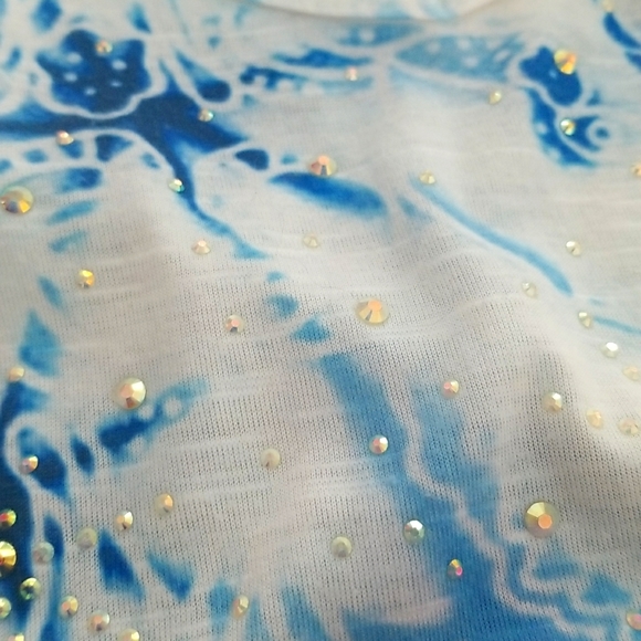 India Boutique Rhinestone Detail Ocean Blues Batik Print Top - Picture 4 of 6